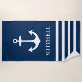 Serviette De Plage Ancre Bleue Marine Nautique Nom personnalisé Plage (Devant)