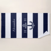 Serviette De Plage Ancre bleue marine Nom du monogramme côtier (Devant)