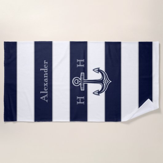 Serviette De Plage Ancre bleue marine Nom du monogramme côtier (Devant)