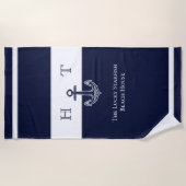 Serviette De Plage Ancre bleue marine Nom du monogramme côtier (Devant)
