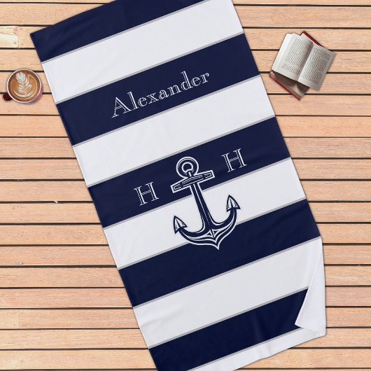 Serviette De Plage Ancre bleue marine Nom du monogramme côtier