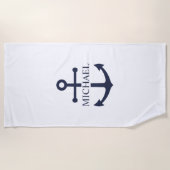 Serviette De Plage Ancre bleue marine Nom personnalisé (Devant)