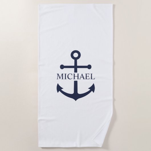 Serviette De Plage Ancre bleue marine Nom personnalisé (Devant)