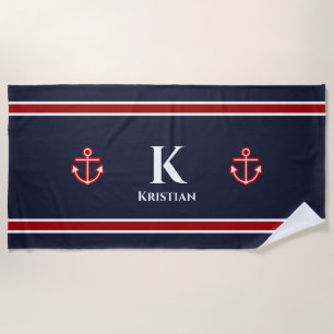 Serviette De Plage Ancre classique Monogramme bleu blanc noir marine