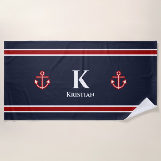 Serviette De Plage Ancre classique Monogramme bleu blanc noir marine (Devant)