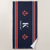 Serviette De Plage Ancre classique Monogramme bleu blanc noir marine (Devant)