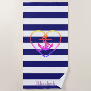 Serviette De Plage Ancre colorée nautique rayure bleu marine