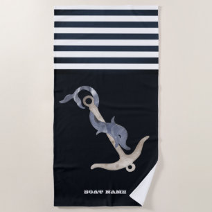 Serviette De Plage Ancre Dauphin Rayures Bleu Nuit