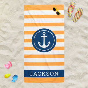 Serviette De Plage Ancre de monogramme à rayures orange nautique Nom
