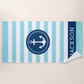 Serviette De Plage Ancre de monogramme de bande de sarcelle nautique  (Devant)