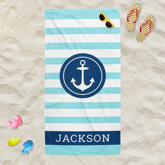 Serviette De Plage Ancre de monogramme de bande de sarcelle nautique 