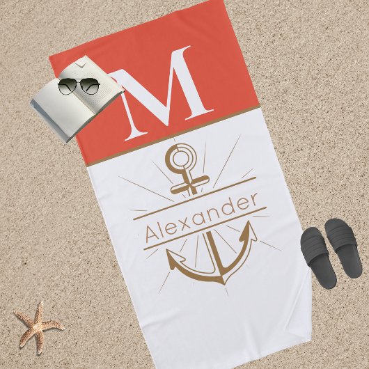 Serviette De Plage Ancre de pêche du corail côtier Monogramme nautiqu