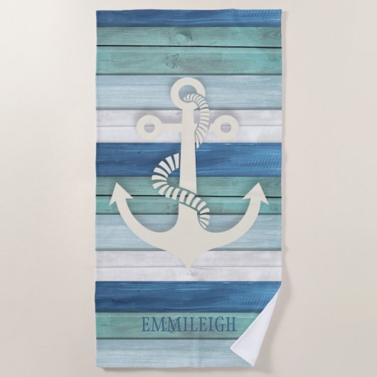 Serviette De Plage Ancre en bois blanc bleu bleu marine (Devant)