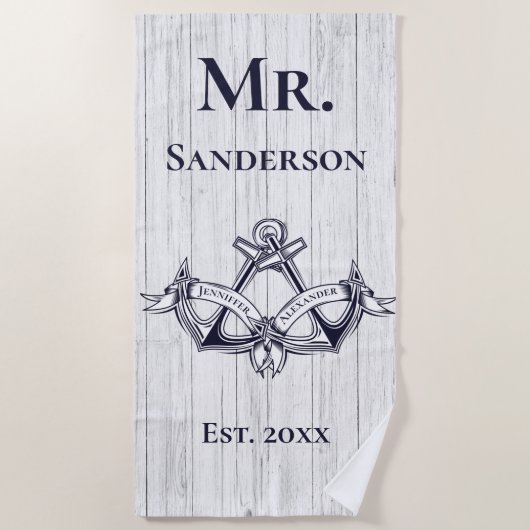 Serviette De Plage Ancre mariage M. Navy Blue Nautical Monograms (Devant)