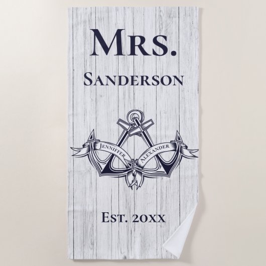 Serviette De Plage Ancre mariage Mme Marine Blue Monogrammes nautique (Devant)