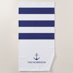 Serviette De Plage Ancre marine bleu blanc rayures Nom du bateau