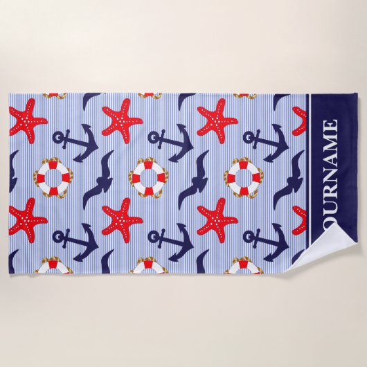 Serviette De Plage Ancre marine Bleu Bleu Blancs (Devant)