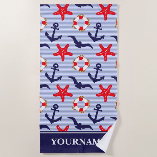 Serviette De Plage Ancre marine Bleu Bleu Blancs (Devant)