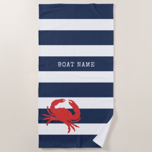 Serviette De Plage Ancre Marine Bleu Stripes Crabe Rouge Nom du batea