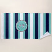 Serviette De Plage Ancre marine Bleu Turquoise Bandes blanches (Devant)
