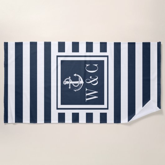 Serviette De Plage Ancre marine Bleue Bleue Monogramme (Devant)