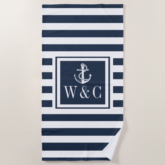 Serviette De Plage Ancre marine Bleue Bleue Monogramme (Devant)