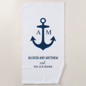 Serviette De Plage Ancre marine moderne Blue Nautical Mariage Monogra (Devant)