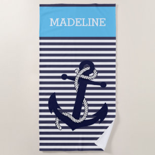 Serviette De Plage Ancre marine personnalisée Bright Sky Blue Stripes