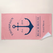 Serviette De Plage Ancre marine rose sur mesure (Devant)