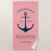 Serviette De Plage Ancre marine rose sur mesure (Devant)