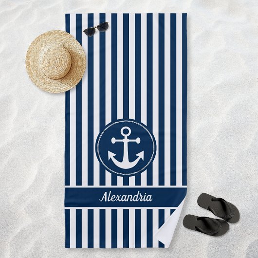 Serviette De Plage Ancre nautique avec corde Marine Blue Stripes