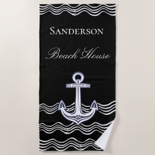 Serviette De Plage Ancre nautique Black White Beach House Monogramme