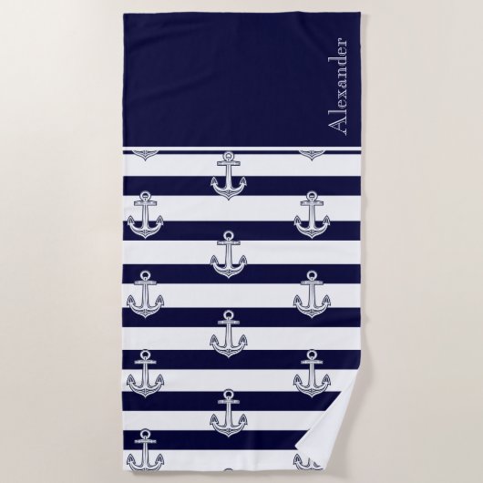 Serviette De Plage Ancre nautique Bleu et Blancs de marine (Devant)