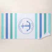 Serviette De Plage Ancre nautique Bleu rayé Nom monogramme (Devant)