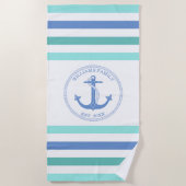 Serviette De Plage Ancre nautique Bleu rayé Nom monogramme (Devant)
