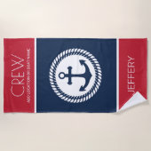 Serviette De Plage Ancre nautique du capitaine d'équipage sur mesure (Devant)