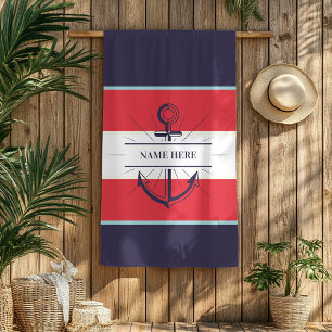Serviette De Plage Ancre nautique Marine Bleu Rouge Blanc