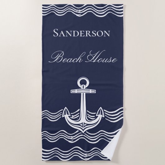 Serviette De Plage Ancre nautique Marine Blue Beach House Monogramme (Devant)