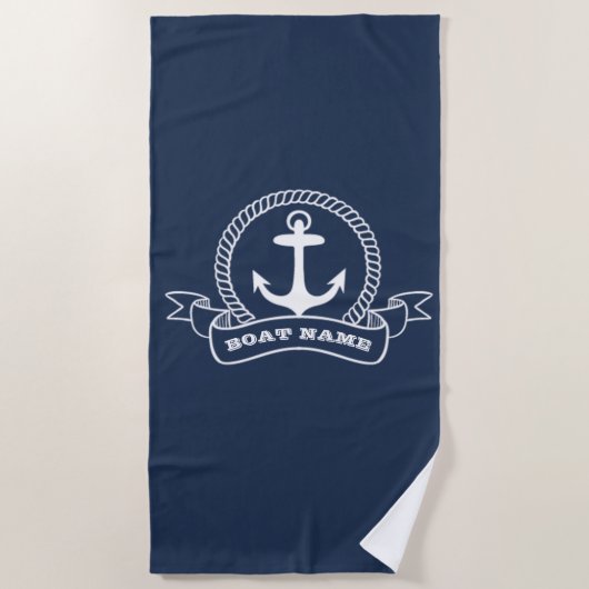 Serviette De Plage Ancre nautique Nom du bateau Marine Bleu (Devant)