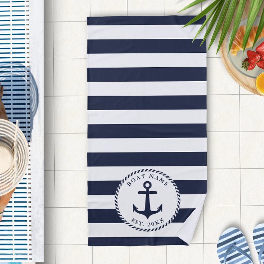 Serviette De Plage Ancre nautique Nom du bateau Marine Bleu Blanc