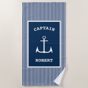 Serviette De Plage Ancre nautique Nom du capitaine Bande