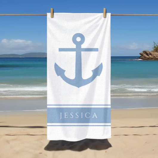 Serviette De Plage Ancre nautique Nom personnalisé bleu