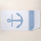 Serviette De Plage Ancre nautique Nom personnalisé bleu (Devant)