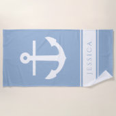 Serviette De Plage Ancre nautique Nom personnalisé Poudre bleu (Devant)