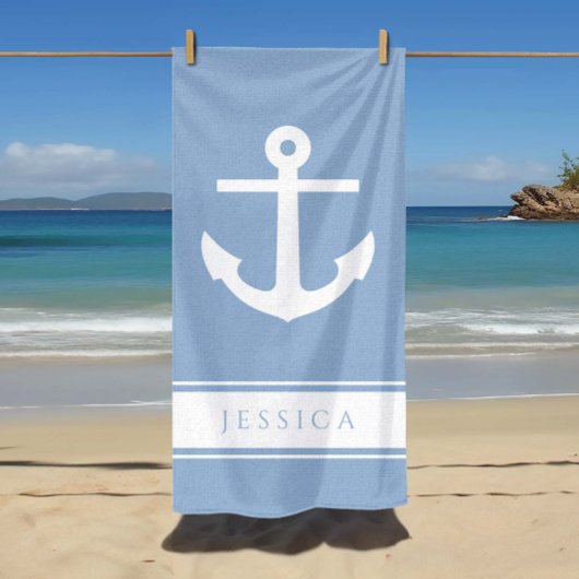 Serviette De Plage Ancre nautique Nom personnalisé Poudre bleu