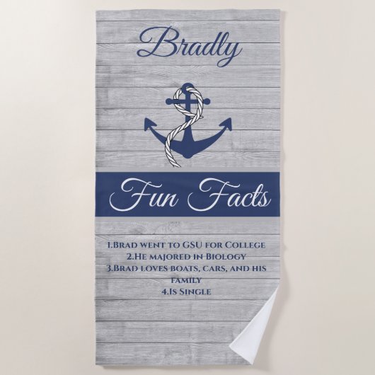 Serviette De Plage Ancre nautique Personnalisé Marine Blue Fun Faits (Devant)