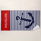Serviette De Plage Ancre nautique personnalisée Motif Bleu Red Stripe (Devant)