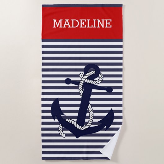 Serviette De Plage Ancre nautique personnalisée Motif Bleu Red Stripe (Devant)