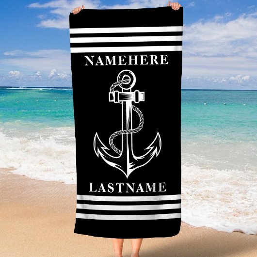 Serviette De Plage Ancre noire et bandes Nom ou texte personnalisé