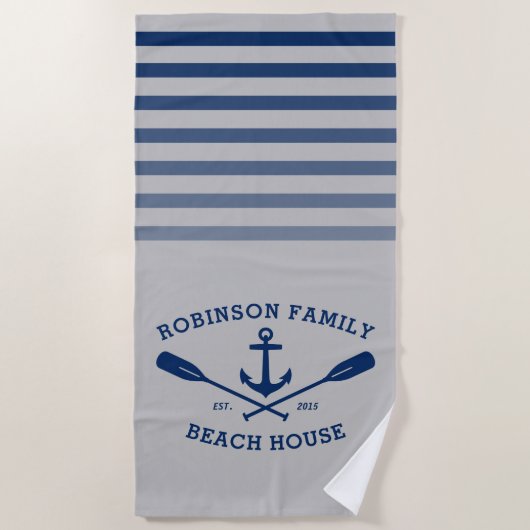 Serviette De Plage Ancre Oars Nom de famille Beach House Grey & Blue (Devant)